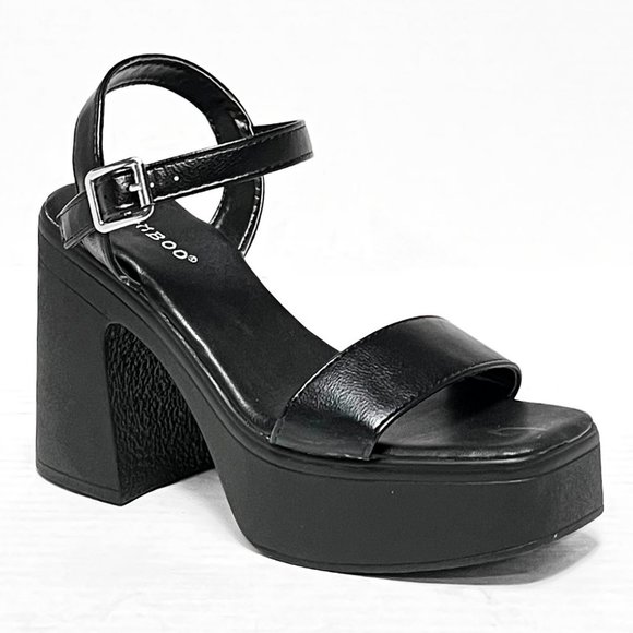 New Black Wide Band Platform Chunky Heel Sandals - Picture 1 of 4